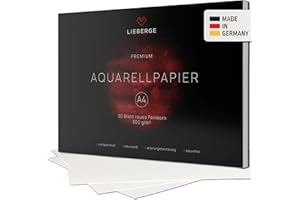 LIEBERGE Premium Aquarellpapier A4 300g – made in Germany – 30 Blatt Aquarellblock verleimt – naturweißes Malpapier für Wasserfarben | Watercolor Paper