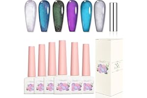 FRENSHION Adhere 6pcs 12mL Cat Eye trempé UV LED gel vernis à ongles set, coloré poudre magnétique ultra fine bleu violet blanc vert argent Cat Eye avec aimant