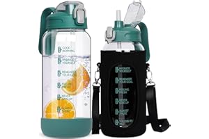 DEARRAY 2l Gourde Verre Motivation avec Paille et Marqueur de Temps 2 litres grand transparente Bouteille eau Verre Borosilicaté Carafe eau Pichet en Verre