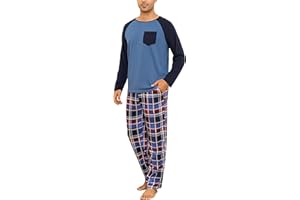 Jahetuul Pijama Algodón de Hombre con Cuello Redondo Conjunto de Ropa para Dormir Ropa Hombre Pijama de Colores Contrastados y Pantalón de Pijama a Cuadros