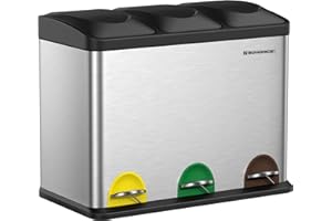 SONGMICS Mülleimer Küche, Mülltrennsystem 3 Fächer, Abfalleimer, 45 Liter Treteimer aus Metall, 3 x 15 Liter, Tretmülleimer mit Deckel, Stahl, metallisches Silber-tintenschwarz LTB45L