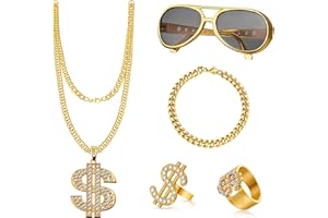 JurciCat 5 pièces Hip Hop Dollar Chain & Ring Bling Bling Gold Chain Lunettes Déguisement Americain Année 80 90 Tenue Hommes Accessoires Carnaval Costume
