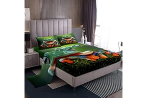 LOUSSIESD Set di lenzuola con motivo a rana, con anfibi tropicali, per bambini, animali 3D, lenzuolo con angoli per camera da letto con 1 lenzuolo piatto+1 lenzuolo con angoli + 1 federa per letto singolo