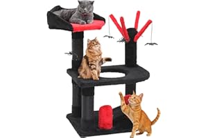 DWVO 61.5 cm Gothic Indoor Cat Tree with Bed, Spider Hanging Ball, and Scratching Post, Black, Halloween
