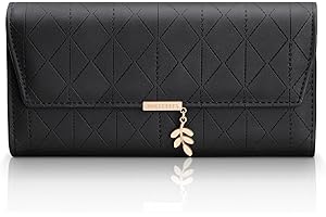 Aucuu Portfel damski ze skóry PU, duża pojemność na zamek błyskawiczny - idealny prezent, Czarny długi, Lungo, Nowoczesny