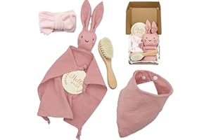 YTACREA Coffret Cadeau Naissance Bébé, Doudou Lapin pour Fille et Garcon, Cadeaux pour Nouveaux avec Bavoir, Bandana, Brosse, Carte Etape (Rouge)