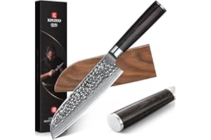 XINZUO 17.6cm Couteau de Santoku, 67 Couches Acier Damas Couteau de Cuisine Chef, Professionnel Forgé Lames Bien Tranchantes-Poignée en Bois de Pakka -avec Gaine Magnétiqueen Bois de Noyer