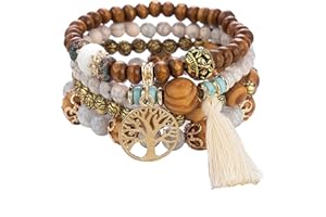 SHUBEIEUMI Boho Holzperlen Armband, 4 Stück Boho Quaste Armband für Damen, Frauen Baum des Lebens Charm Statement Armreifen, Kristall Perle