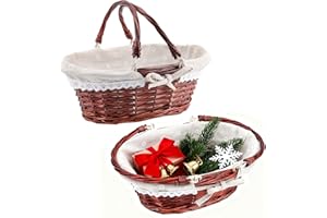 ZOENHOU Lot de 2 paniers de Pique-Nique en Osier tissé à la Main avec poignée Pliable, Panier de Pâques Vide pour Fruits, Bonbons, vin, œufs de Mariage, Marron