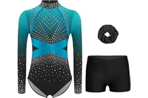 RUNQHUI Fille 3 Pièces Ensemble Gymnastique Justaucorps Manches Longues avec Short et Bandeau des Cheveux Tenue Gymnastique Strass pour Compétition Spectacle