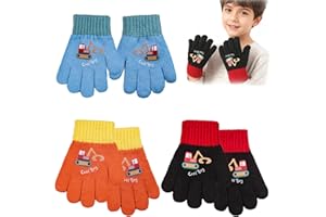 FOSDICK 3 Paires Gants Hiver Enfants Garçons 3-5 Ans, Gants en Pleins Doigts pour Tout-Petits, Gants Chauds Motifs Tractopelle, Mitaines Tricot Extensible Plein-Doigts pour Saison Froide
