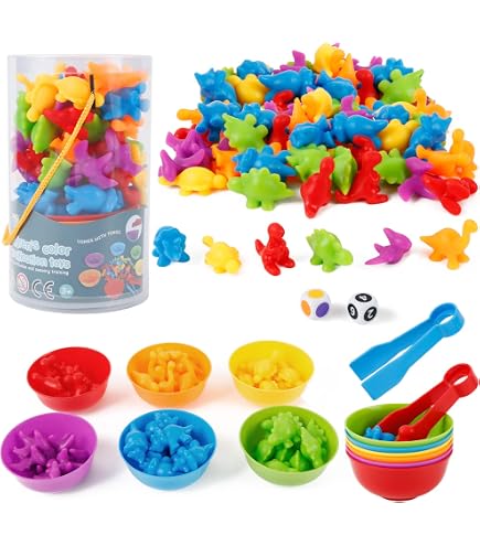 Montessori Spielzeug Ab 3 Jahre | 48 Dinosaurier + Sortierbecher & Pinzetten | Lernspiel Für Farben, Zählen & Motorik