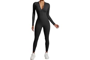 RXRXCOCO Gerippte Langarm Jumpsuits Damen mit Reißverschluss Eng Rundhalsausschnitt Einteiler Bauchweg Sport Yoga Overall Romper