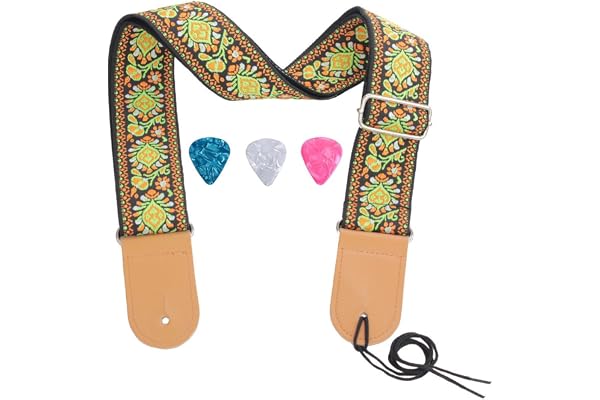 Rufun Sangle de Guitare Rétro Adjustable Broderie Vintage Accessoire Longeur Réglable pour Basse Guitare Électrique Acoustique, 3 Médiators Inclus (Orange)