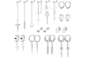 JeryWe 22 Paires de Boucles d'oreilles pour Homme Boucles d'oreilles en acier inoxydable avec charnière Set de boucles d'oreilles Kpop pour Homme