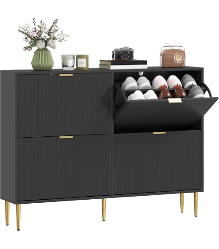 Meuble à Chaussures Moderne Avec 4 Tiroirs Abattants - 110 X 34 X 90 Cm Panneau De Particules Noir 93572960 Meuble à Chaussures Moderne Avec 4 Tiroirs Abattants - 110 X 34 X 90 Cm Panneau De Particules Noir 93572960