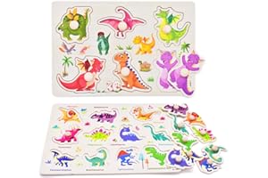 KEDIDO Dinosaurios Puzzle de Madera, Dinosaurios Rompecabezas de Madera Juegos, Puzzle Madera Infantil, Motricidad Fina y Concentración, Juguetes Bebes Educativos Regalos para Niños Niñas
