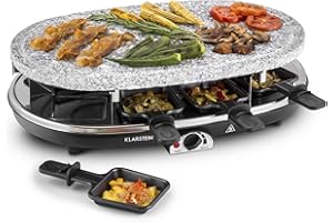 Klarstein Raclette Grill con gran parrilla de interior, Máquina de Raclette de mesa giratoria y ajustable 1500W, 8 sartenes Pequeñas y Rejilla de Piedra, Raclettr de Queso para Cocinar en Casa