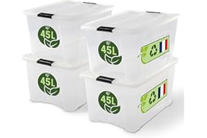 Iris Ohyama Aufbewahrungsboxen mit Deckel, 45L, 4er-Set, Transparent, Sicherer Verschluss, Stapelbar, Griffe, Schlafzimmer, Schrank, Büro, Organisation, BPA-freies Plastik, Ordnungsboxen, BSB-50