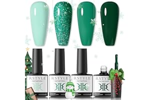 RSTYLE Smalto Semipermanente, 4 Colori Semipermanenti per Unghie Glitter Verde Gel Shellac UV LED Nail Polish Manicure Verde 6ML