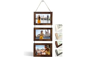 NEOWS Portafotos Múltiple Decorativo para Colgar en Pared - Marcos de Fotos Multiples de Madera Con Cuerda - Collage Portarretratos Colgante - Fotos 10x15 cm (Madera Envejecida, 3 Fotos Horizontal)