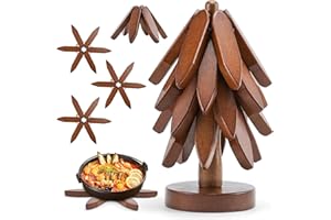 Qingning Sottopentola in Legno per Piatti Caldi, Set di 4 Sottopentole in Legno Pieghevole in Noce, a Forma di Albero, Set di 4 Supporti per Piatti Caldi, Pentole, Teiere, Ciotola, Fondue