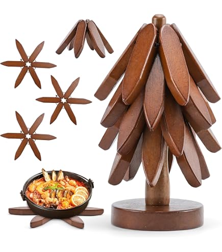 Set Sottopentola In Legno Xurise: 5 Pezzi A Forma Di Mulino A Vento + Supporto, Naturali E Multiuso - 4