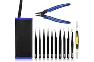 Ainiv Kit 12 Pcs Pinzas de Precisión, Tweezers ESD Anti-Estáticas de Acero Inoxidable Electrónicas, Trabajo de Laboratorio, Joyería, Maintenance Tools, Negro