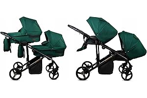 BabyLux® Bambini Passeggino per gemelli Completo Set 2 in 1 - Duo | Bottle Green - incl. Navicella, Canna - Carrozzina Neonati Sistema Combinato - Borsa fasciatoio, Copertura antipioggia, Zanzariera