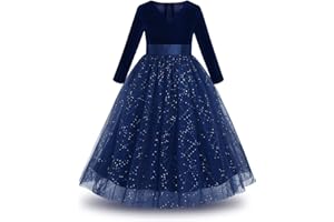 IBAKOM Enfants Filles Robe Velours Manches Longues Robe Col V Paillette Tulle Festival Noël Fête Anniversaire Communion Pageant Bal Tutu Formel Robes Longues