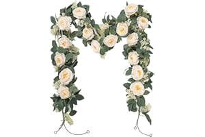 Betylifoy 2 Pz Artificiale Eucalipto Ghirlanda di Fiori con Seta Rosa Vita del Fiore Bacche di Eucalipto Foglie Verde Ghirlanda per Arco di Nozze Tavolo Parete Sfondo Partito Decor (Champagne)