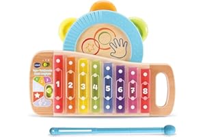 VTech - Xylo-Tambourin Lumi Magique, Instrument de Musique Enfant 2 en 1, Xylophone et Tambourin Partiellement en Bois, Jouet d'Éveil, Cadeau Bébé Fille et Garçon Dès 18 Mois - Contenu en Français