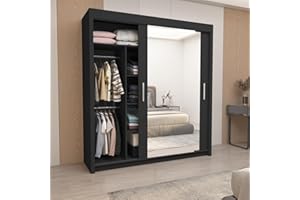 IE INTERIOR EMPORIUM Milan Full Mirror Double Sliding Door Wardrobe (or three in the 250cm size) With Shelves, Hanging Rails and LED Light in 6 Sizes & 4 Colors (120cm, Black)