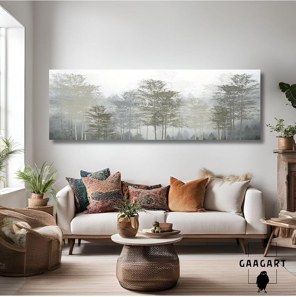 Gaagart Uzun Panaromik Kanvas Tablo Soyut Bohem Çizgisel Ağaçlar, 150 X 50