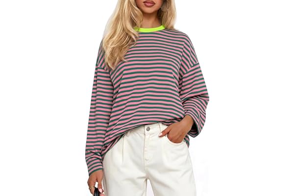 Chicrise Sweatshirt för kvinnor, randig oversize tröja, rund hals, utan huva
