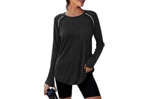 Crewhpo Tee Shirt Sport Femme Sechage Rapide T Shirt Yoga Col Rond UPF 50+ Haut de Course à Manches Longues Anti UV Top Running avec Trous pour Les Pouces S-XXL