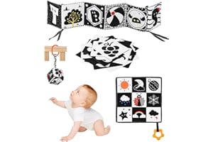 LEAZZLE Czarno-biała książka z tkaninydla niemowląt w wieku 0-3 miesięcy,Karta porównawcza dla niemowląt,Sensoryczna sensoryczna wisząca zabawka,zabawka dla niemowląt,Prezent dla noworodka(4PCS)