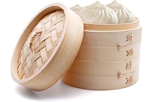 PWGHWG Bambus Dampfgarer 2 Etagen Bambusdämpfer mit Deckel 15 cm Dampfkorb Bambus mit 2 Dampfgarmatte Silikon für Knödel, Reis, Dim Sum, Gemüse, Fleisch