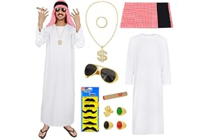 Aomig Arabisk sheikh-kostym, arabisk sheik, herr, cosplay | Vit klänning, roliga klädtillbehör med halsduk och skägg för cosp