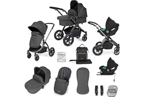 Ickle Bubba Stomp Luxe 12pc Travel System with i-Size Cirrus Car Seat & ISOFIX Base – All-Terrain Pram, Reversible Seat, Carrycot, UPF 50+ Hood, Rain Cover & Accessories (Black/Charcoal Grey/Black)