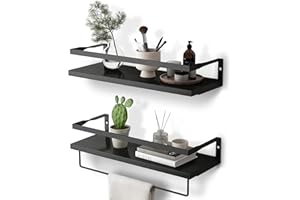 DifferTemp Wall Shelf, Black Wood, Shelf, Wall Black, Set of 2, Floating Shelf with Towel Rail, Hanging Shelf for Kitchen, Bathroom, Laundry Room, Living Room, etc., 40 cm