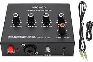 Glomora Microphone Preamp Mic Gain Booster 48V Power Supply Mic Pre Amp for Dynamic Condenser XLR 3.5mm 6.35mm Inputs Outputs (With 3.5mm Sound Cable)