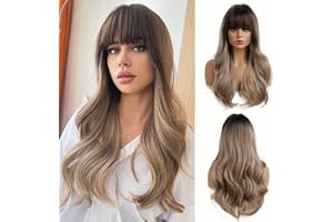 Esmee Perruque Brune pour femmes de 24 pouces avec frange, longue vague naturelle, perruque synthétique résistante à la chaleur