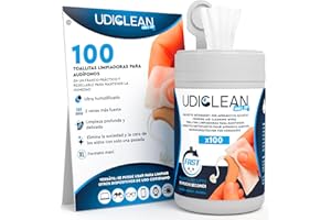 UDIVITA 100 Toallitas para Audífonos Limpiadoras y Humedecidas Udiclean - en Dispensador Resellable Conserva Humedad - Toallitas Formato Maxi y Resistentes Alta Calidad