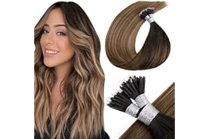 LaaVoo Nano Tip Extension Cheveux Humains 50g/50s 14"/35cm Nano Ring Extension A Froid Cheveux Balayage Marron Le Plus Foncé A Brun Moyen et Blonde Cendrée Nano Tip #2/6/18
