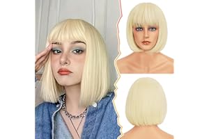 BARSDAR Blond Bob Perruque avec Franges, 30cm Courte Perruque Droite avec Franges pour Les Femmes Courte Bob Perruques Naturel Synthétiques Perruques (Platinum Blond)