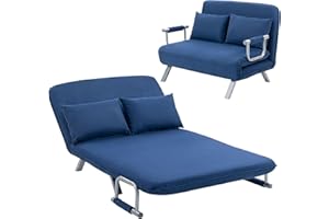 HOMCOM 2 Seater Sofa Bed, Click Clack Convertible Bed Settee, Modern Faux Suede Upholstered Sofa with 2 Pillows for Living Room, Guest Room, Dark Blue