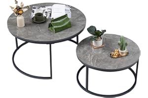 Soayone Round Coffee Table, Set of 2, Grey Marble Coffee Table with Grey Metal Frame, Round Side Table, Living Room Table, Modern, Set of Tables for Living Room, Bedroom, Balcony