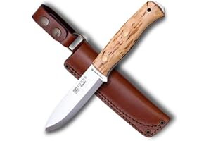 Joker Cuchillo de caza Ember Scandi CL122, hoja de 10,5 cms en acero Sandvik 14C24N, mango de abedul rizado, funda piel, Herramienta de pesca, caza, camping y senderismo