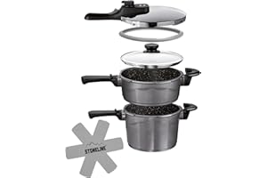 STONELINE® Aluguss Schnellkochtopf-Set, 6-tlg., 3 l und 5 l, induktionsgeeignet, Aluguss, Antihaftbeschichtung mit echten Steinpartikeln